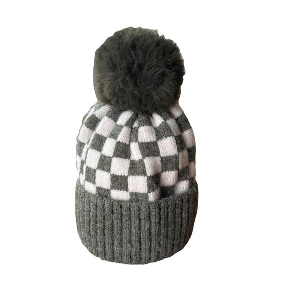 Bubu Checker Pom Beanie Kids Size Medium 1-6 Years Olive Green - Picture 2 of 6